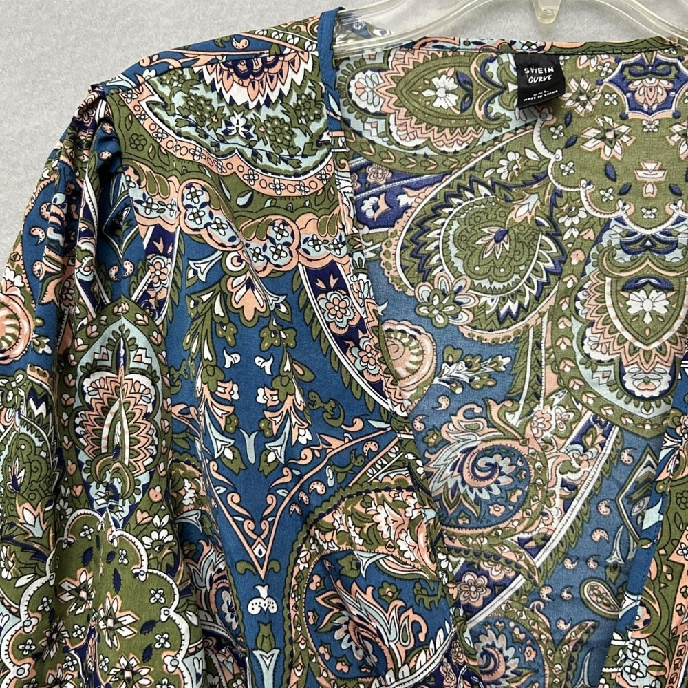 SHEIN Curve Paisley Tie Front Crop Top Womens 2XL Blue Green Boho Long Sleeve - Picture 3 of 16